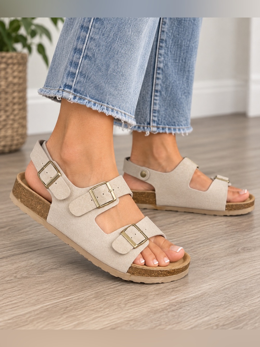 Cushionaire Lulu Women’s 7.5 Cream Cork Footbed Buckle Slingback Sandals